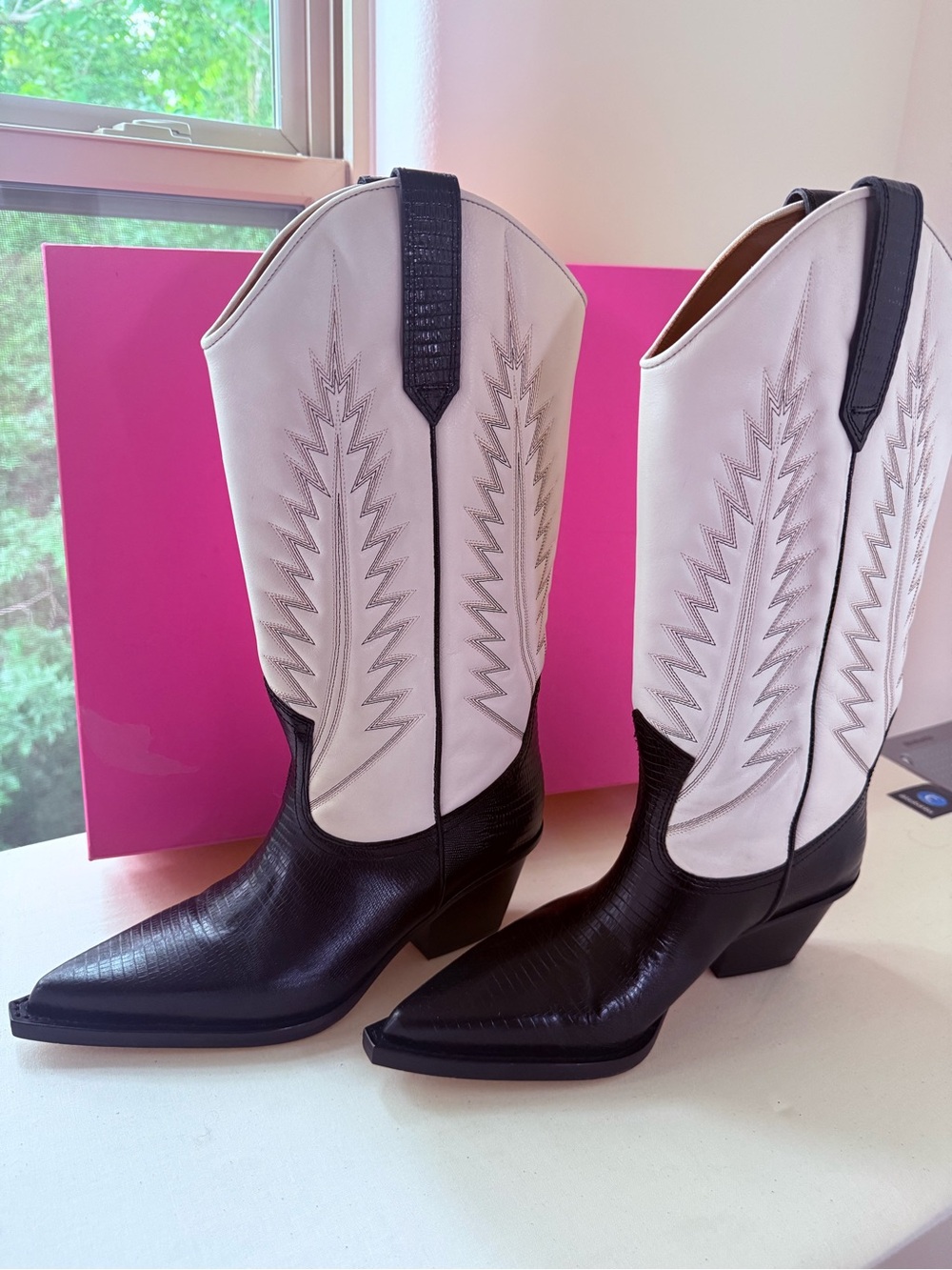 Paris Texas Black and Bone Two-Tone Lizard Leather Rosario Heeled Boots
